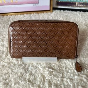 Bottega Veneta Intrecciato Long Zip Around Wallet Tan